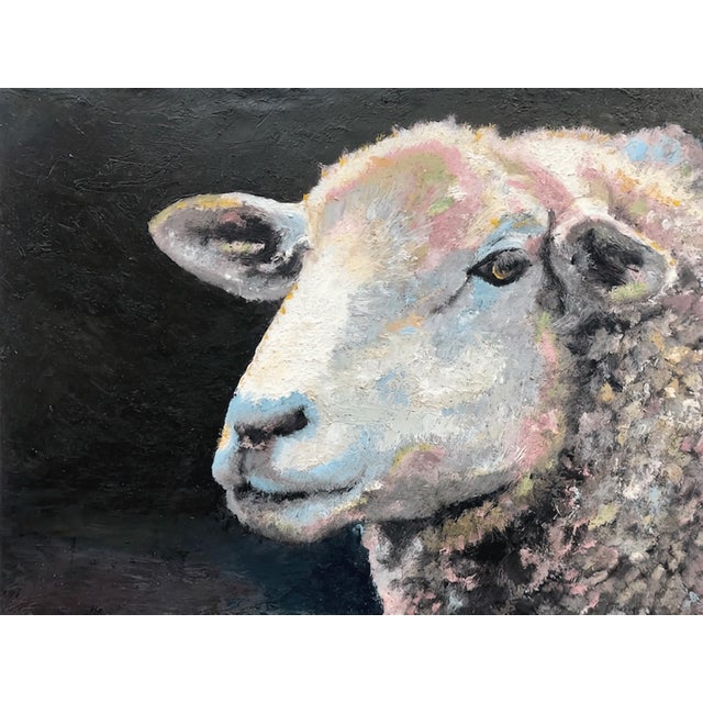 Early 21st Century Guinness by Carrie Goller | Oil and cold wax on wood panel Sheep portrait on dark background For Sale - Image 5 of 5
