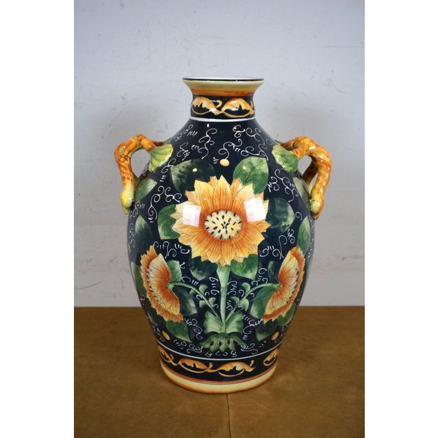 Late 20th Century Late 20th Century Italian Style Porcelain Sunflower Vase Urn Jug Pitcher With Branch Handles For Sale - Image 5 of 12