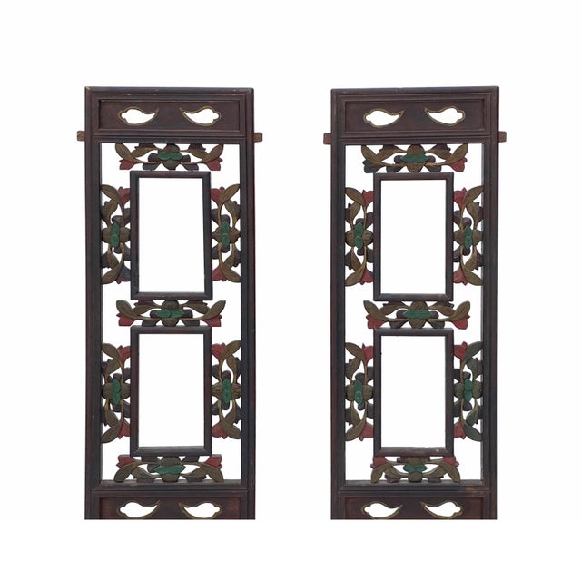 Pair Chinese Vintage Restored Wood Brown Flower Carving Wall Hanging Art For Sale - Image 4 of 7