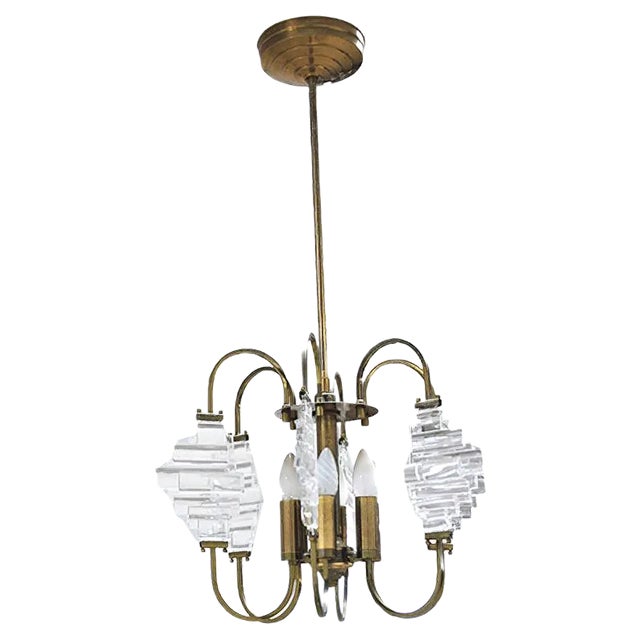 Brass and Glass Ceiling Lamp in the Style of Angelo Brotto, 1950s For Sale