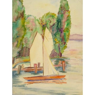 Erika Schob, Lakeside Watercolor - Sailboats on the Lake For Sale