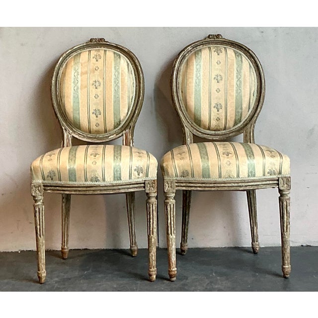 Vintage Regency Satin Stripe Medallion Back Chairs - A Pair For Sale - Image 4 of 7