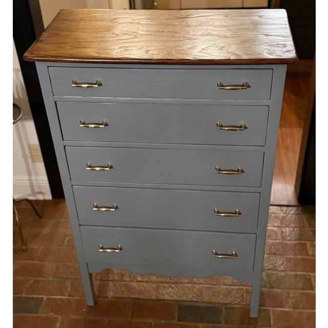 Vintage Solid Wood 5-Drawer Tallboy Dresser in Custom Blue Chateau For Sale - Image 9 of 13