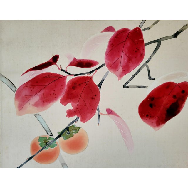 Japanese Hanging Scroll by Mori Shumei “Bird and Persimmon Tree” – Kakemono of Late Meiji – Early Showa Period With Wood Storage Box For Sale - Image 4 of 7