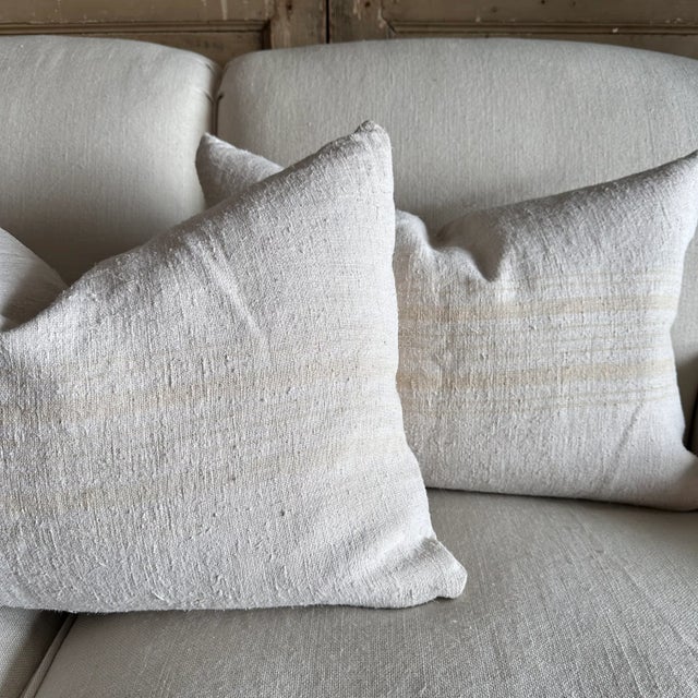 Textile Pillow Made from Antique French White Grain Linen For Sale - Image 7 of 7