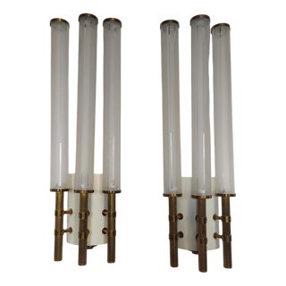 Large Brass and Satin Glass Sconces, 1950s, Set of 2 For Sale
