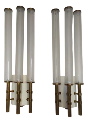 Large Brass and Satin Glass Sconces, 1950s, Set of 2