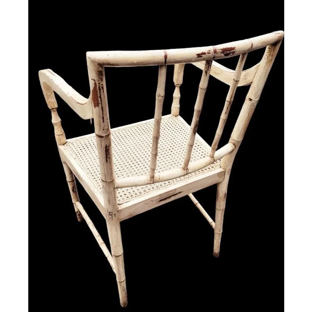 Traditional Vintage Distressed Faux Bamboo Cane Seat Tan Side Arm Chair For Sale - Image 3 of 8