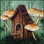 This artwork depicts a whimsical wooden birdhouse nestled among oversized, golden mushrooms, set against a soft green...