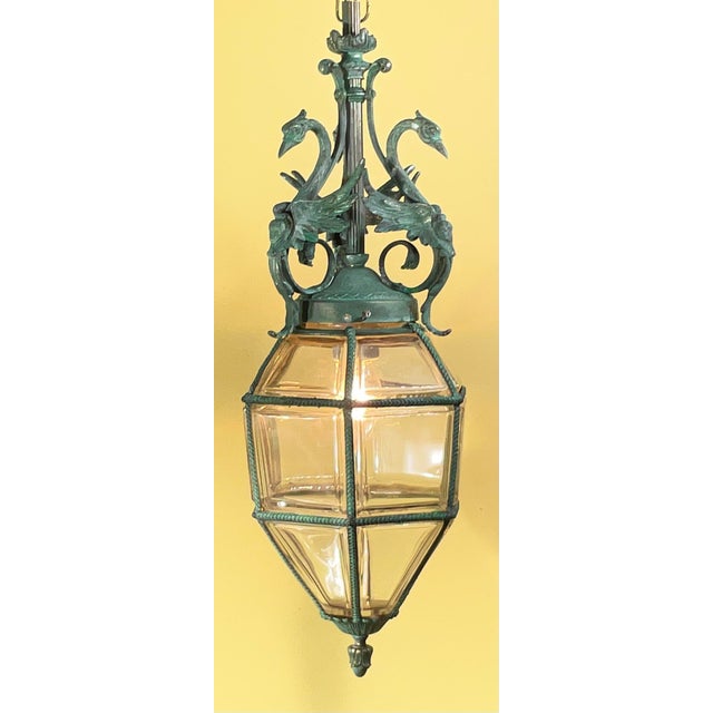 1900 - 1909 Antique Neoclassical Bronze Hanging Lantern / Pendent With Ornate Swan Motif For Sale - Image 5 of 17