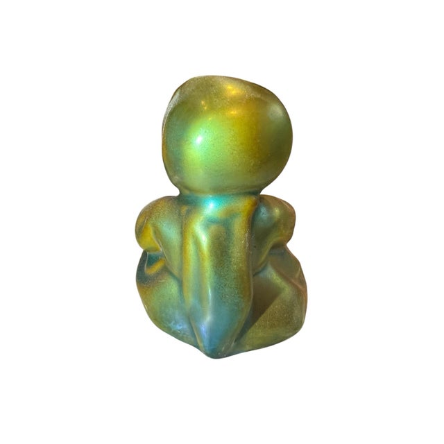 Early 20th Century Vintage Zsolnay Hand Crafted Pottery Small Children Sitting & Holding Basket, Eosin Iridescent Green Glaze For Sale - Image 5 of 11