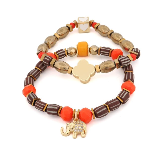 Soulful Journey Gold Beaded Bracelet Set with Heart & Elephant For Sale - Image 9 of 9