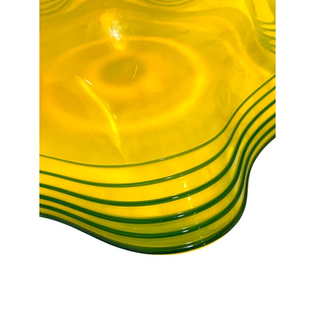 Blenko Centerpiece Bowl Large 16" Art Glass Yellow Green Threaded Large Signed Walter Blenko For Sale - Image 9 of 11