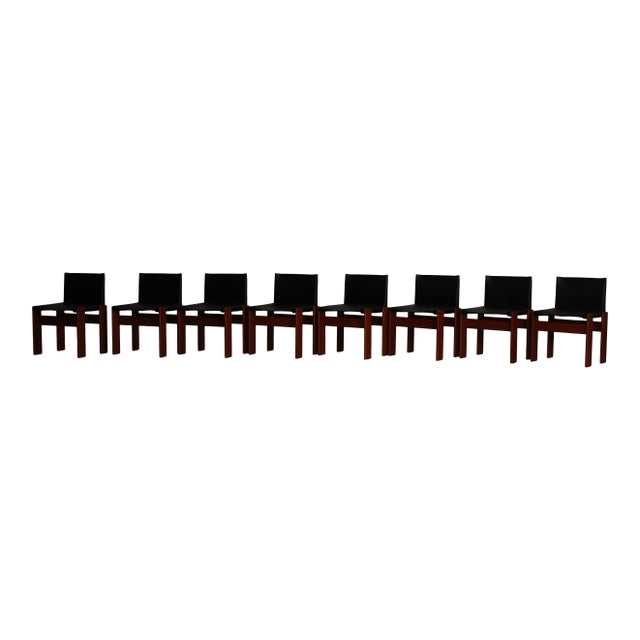 1970s Vintage Monk Chairs in Black Leather and Mahogany by Afra & Tobia Scarpa for Molteni, 1973, Set of 8 For Sale - Image 5 of 18