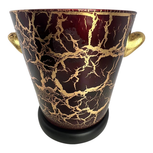 Vintage Italian Wine Red & Gold Splatter Ice Bucket, Hollywood Regency Glass Barware, Burgundy 24k Gold Decor Neiman Marcus Style For Sale