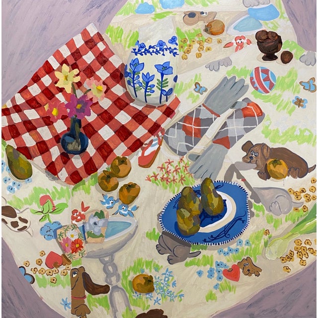 Hushpuppies and Blue Plate, Expressionist Still Life Oil Painting by Molly Mansfield For Sale