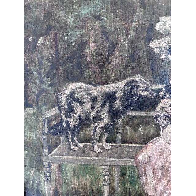 Green Antique Original Oil Painting of Woman With Dogs in a Garden For Sale - Image 8 of 16