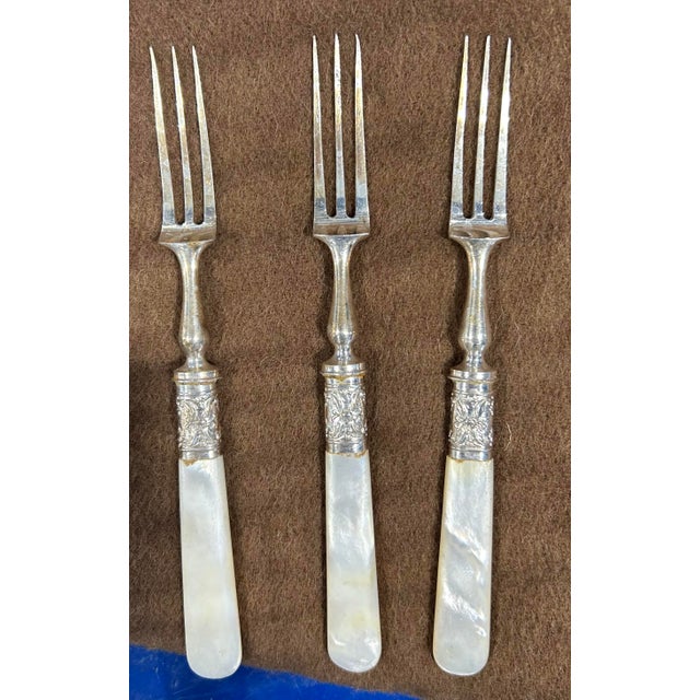 English Antique Mother of Pearl Handle Cocktail Forks/Hors D’ Oeuvre Forks Set of 3 For Sale - Image 3 of 4