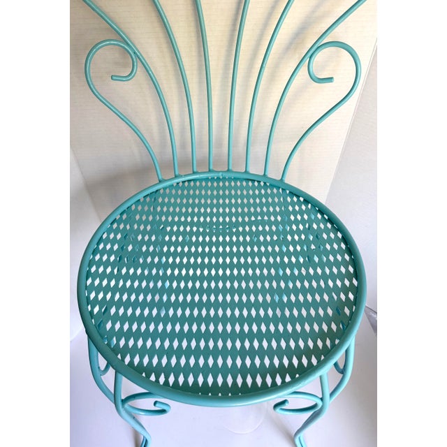 Vintage Aqua Wrought Iron Vanity Chair With Shell-Shaped Scroll Back & Cushion For Sale - Image 4 of 12