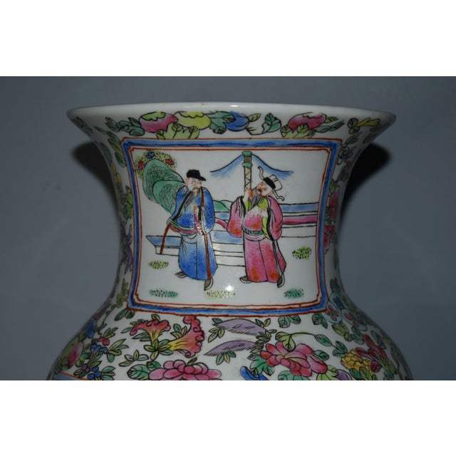 White Vintage Chinese Painted Ceramic Vase W/Floral & Figural Details For Sale - Image 8 of 12