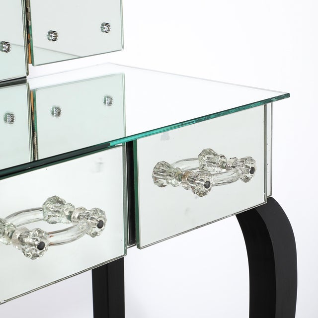 Art Deco Hollywood Mirrored Trifold Ebonized Cabriole Leg Vanity W/ Glass Pulls For Sale - Image 17 of 18