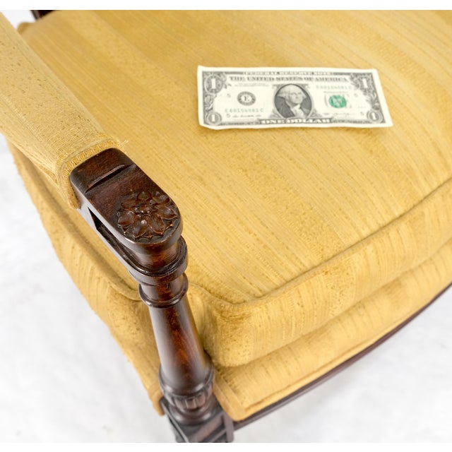 Camel Pair Gold Silk Upholstery Fine Carved Acorn Finials Lounge Fireside Chairs MINT! For Sale - Image 8 of 16