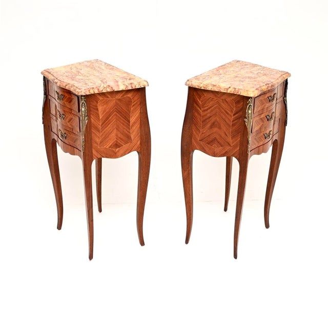 Antique French Inlaid Parquetry Marble Top Bedside Chests, 1900, Set of 2 For Sale - Image 4 of 11