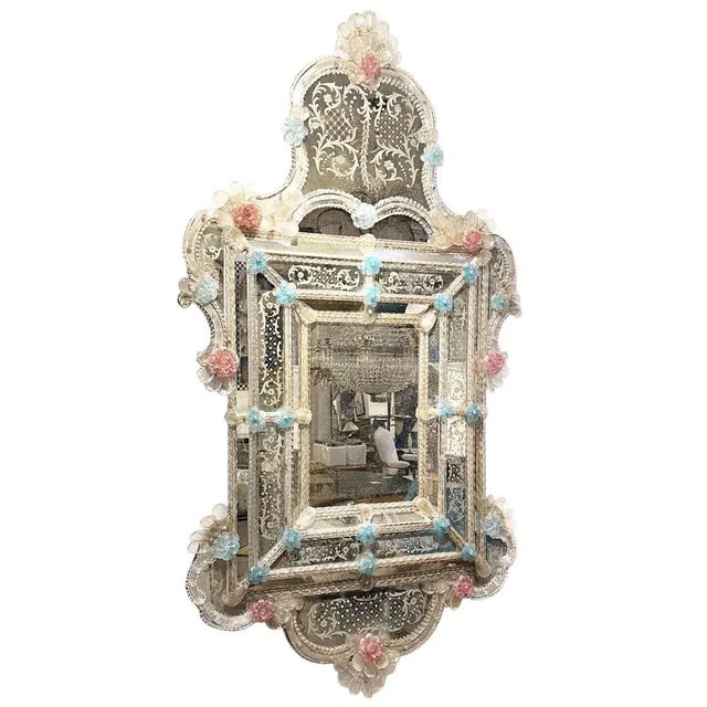 Large Murano Mirror with Blue and Pink Flowers, 1950s For Sale - Image 4 of 7