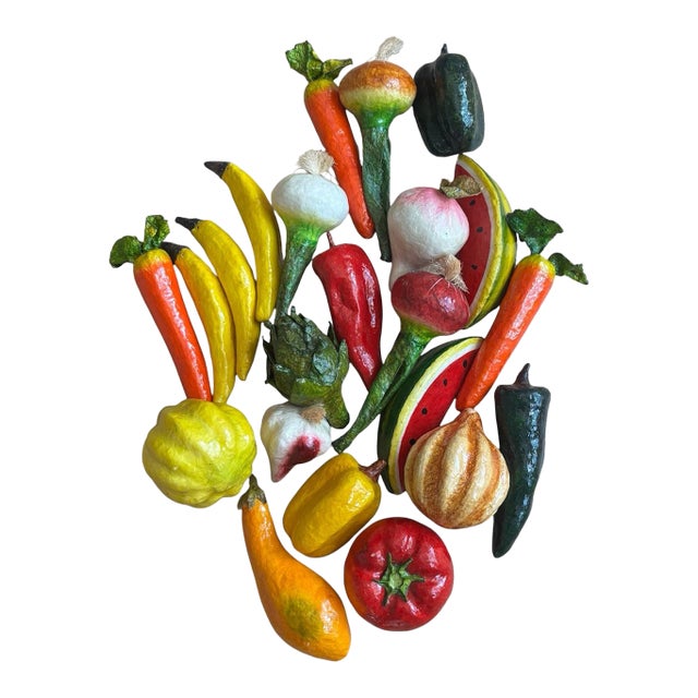 Vintage Realistic Hand Crafted Paper Mache Fruit & Vegetables (Set of 22) For Sale