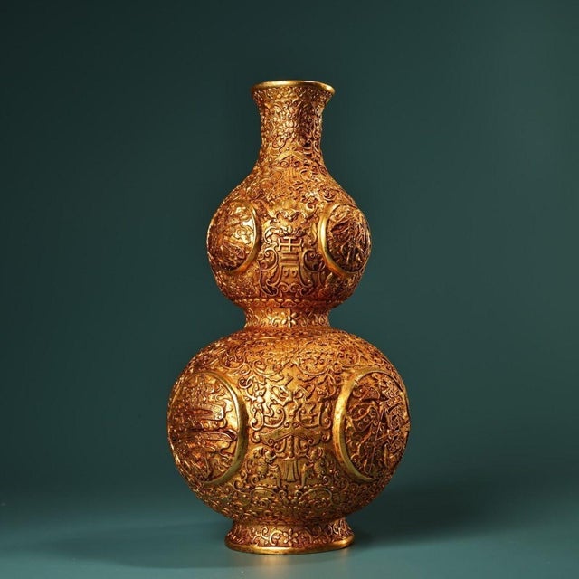 Late 20th Century Ornate Vintage Gilt Bronze Double-Gourd Vase - High-Relief Chinoiserie Vessel For Sale - Image 5 of 10