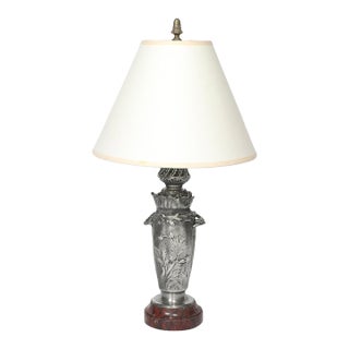 Art Nouveau Rosso Levanto Marble Base & Pewter Table Lamp Signed E. Lelièvre For Sale