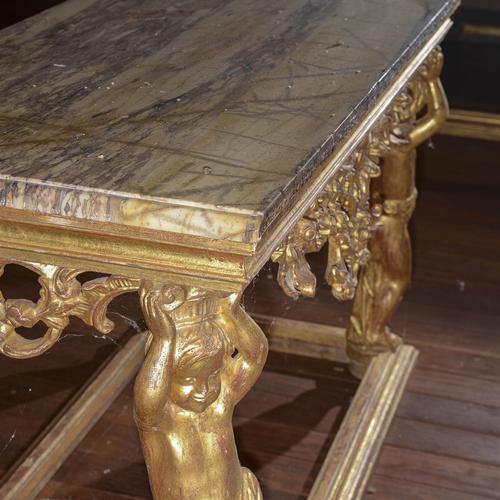 Goldenrod Carved Console Table with Marble Top and Cherubs For Sale - Image 8 of 9