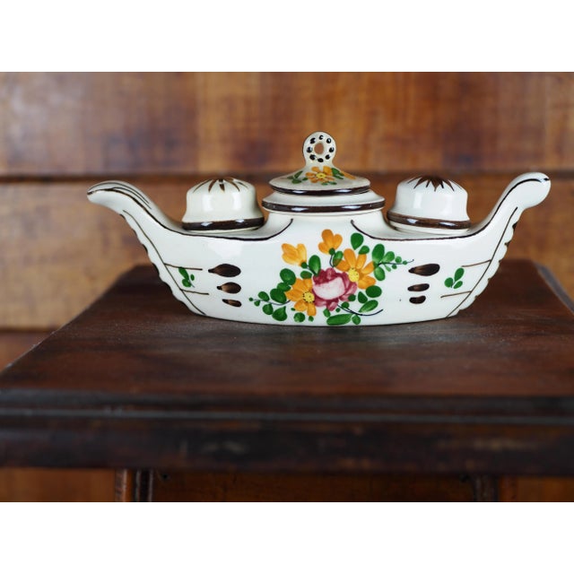 Beige Mid 20th Ceramic Mustard Pot, Pepper Pot and Salt Cellar in the Shape of a Flowery Gondola For Sale - Image 8 of 12