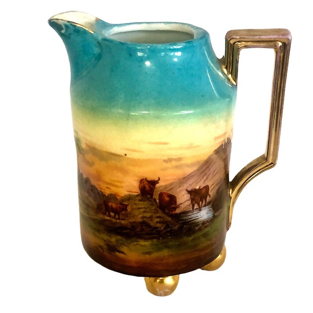 Teal Early 20th Century Highland Cattle at Sunset on an Antique Porcelain Pitcher For Sale - Image 8 of 12