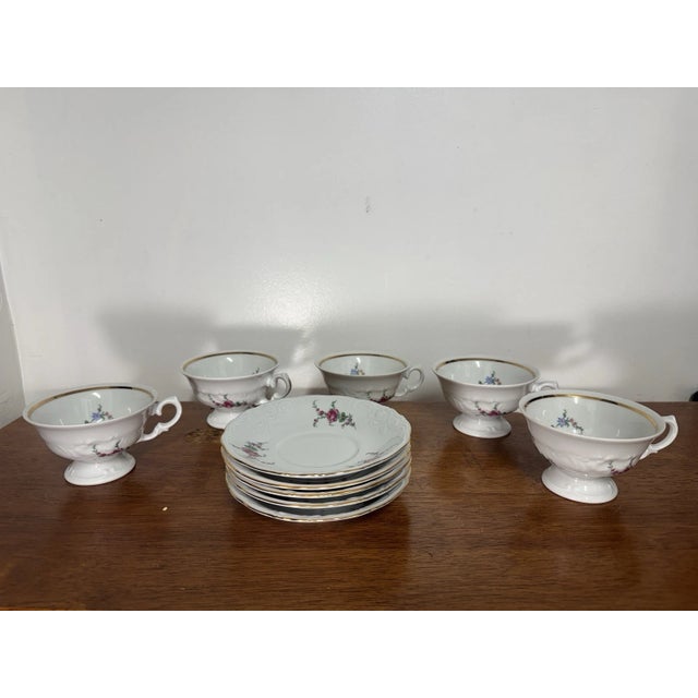 Abstract Vintage Wawel Poland Porcelain Tea Cup Saucer Set 5 Floral Gold Trim - 10 Pcs For Sale - Image 3 of 18