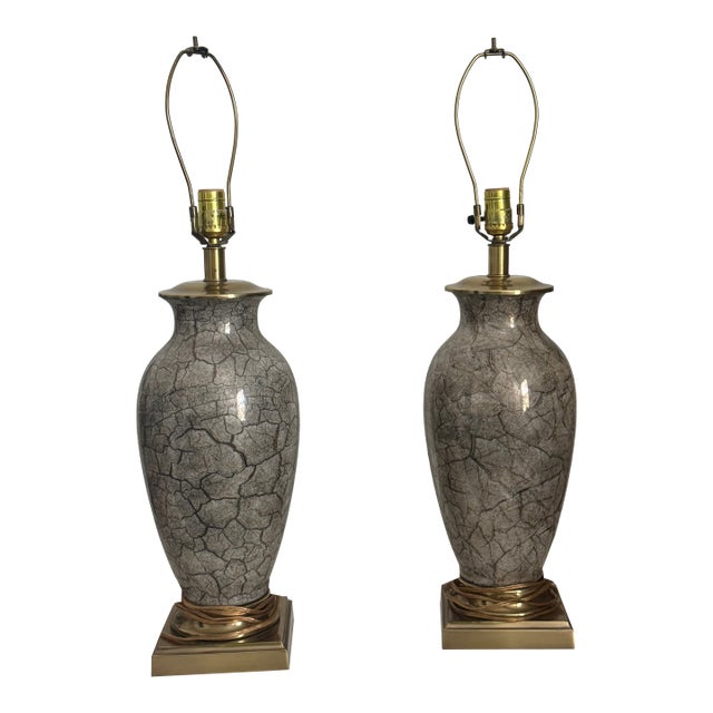1980's Frederick Cooper Chinoiserie Metallic Porcelain and Brass Table Lamps For Sale
