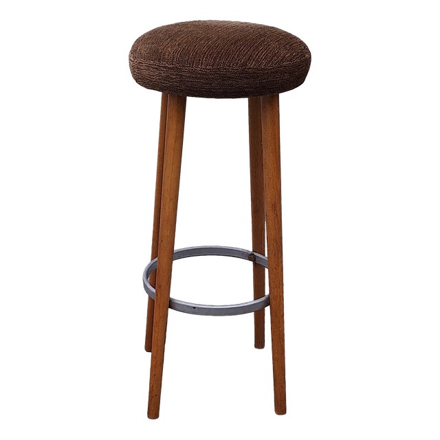Mid-Century Bar Stool with Beechwood Frame and Metal Ring, 1960s For Sale