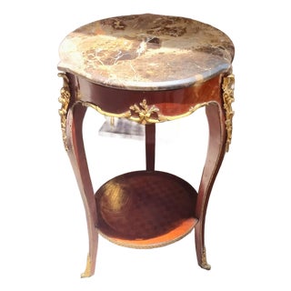 French Louis XVI Accent Table – Marble Top, Cane Shelf & Hand-Gilded Gold Leaf Details For Sale