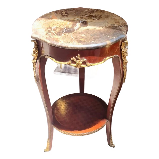 French Louis XVI Accent Table – Marble Top, Cane Shelf & Hand-Gilded Gold Leaf Details For Sale