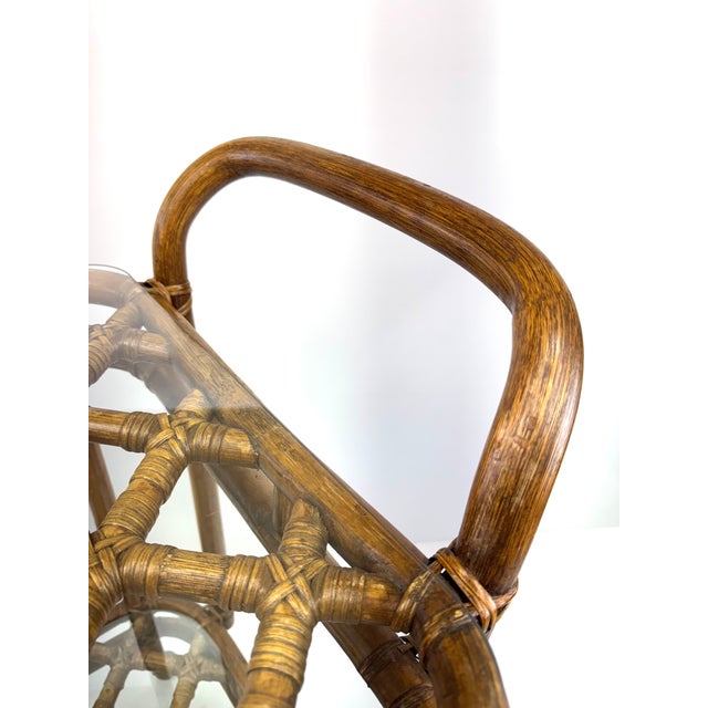 Wood Mid 20th Century McGuire-Style Rattan Bar Cart With Glass Shelves and Brass Casters For Sale - Image 7 of 16