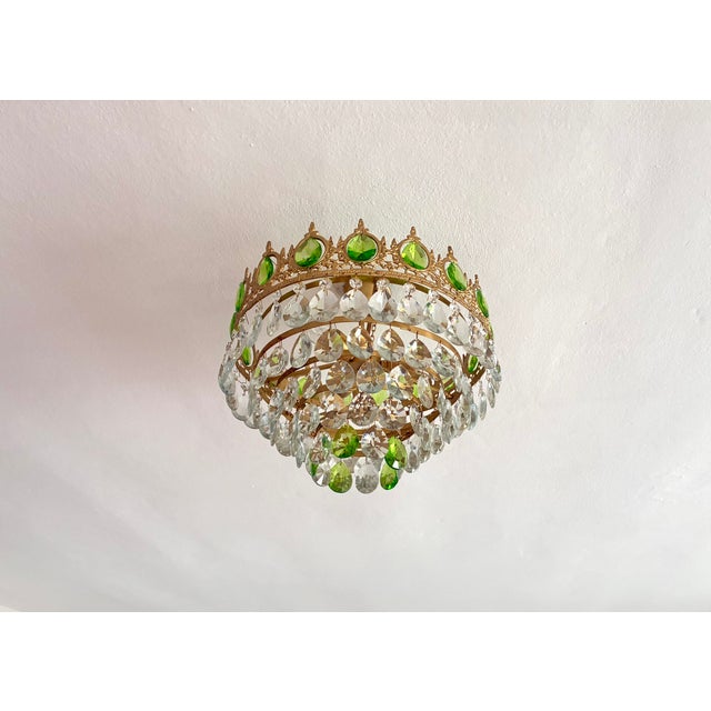 Art Nouveau Vintage Emerald Green & Clear Crystal Crown Flush Mount Chandelier – 3 Light For Sale - Image 3 of 17