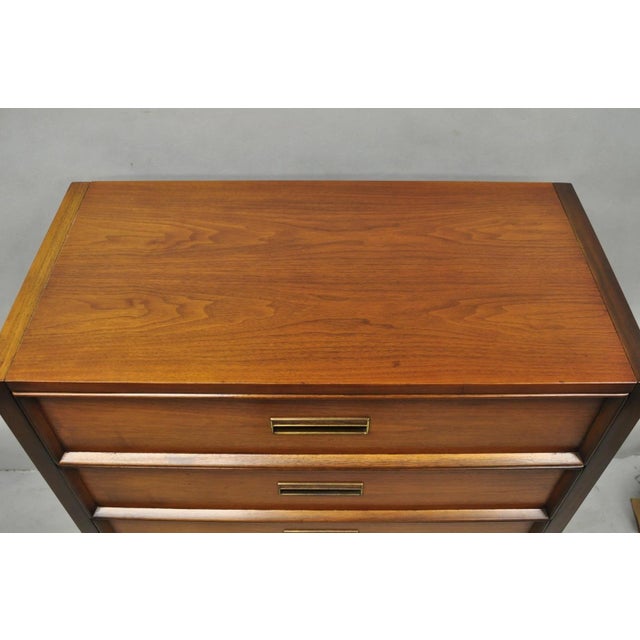 Wood Vintage Drexel Mid Century Modern Walnut 5 Drawer Tall Chest Dresser Highboy For Sale - Image 7 of 18