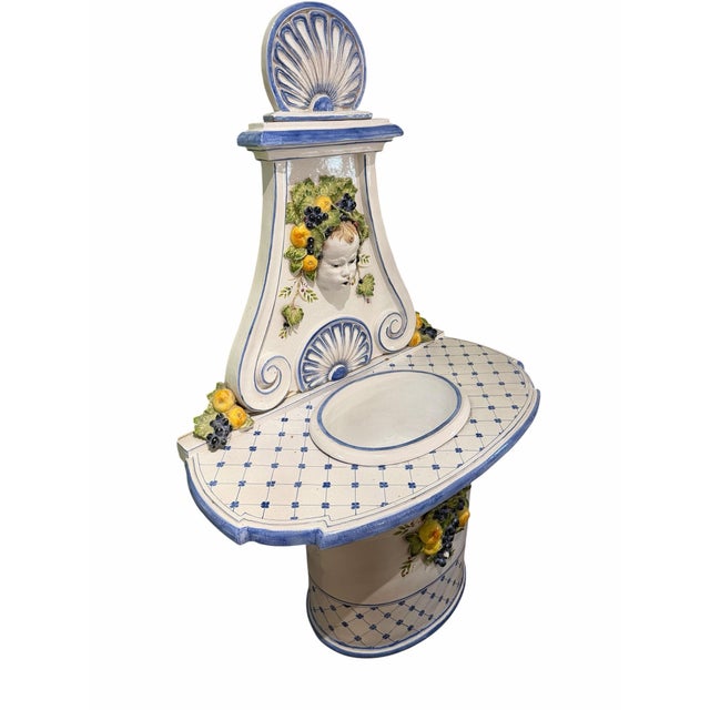 Traditional Vintage Italian Majolica Ceramic Three-Piece Cherub Wall Fountain & Pedestal Sink Set For Sale - Image 3 of 9