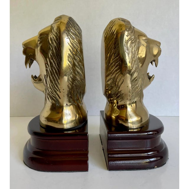 Late 20th Century Vintage Brass and Rosewood Lion Bookends For Sale - Image 5 of 13