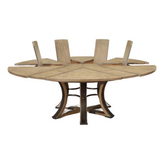 64"-84" Round Transitional Gray Oak Jupe Table With Hammered Iron Pedestal Base. For Sale