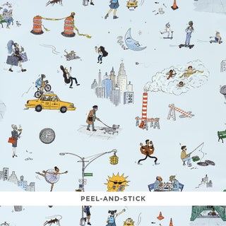 SAMPLE - Schumacher x The New Yorker Joana Avillez's Street Scenes Wallpaper In Multicolor On Sky Blue For Sale