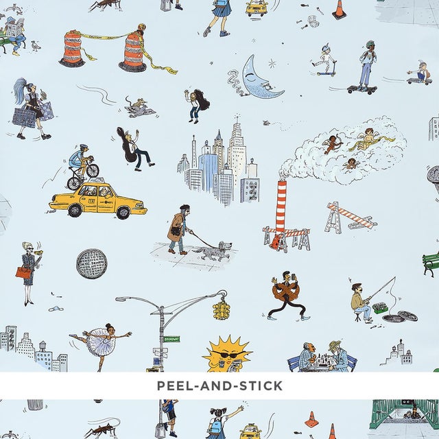 SAMPLE - Schumacher x The New Yorker Joana Avillez's Street Scenes Wallpaper In Multicolor On Sky Blue For Sale