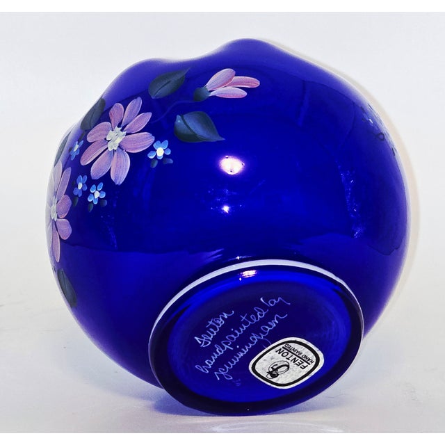 Fenton Cobalt Blue Ruffled Vase – Hand Painted & Signed by J. Cunningham For Sale - Image 9 of 10