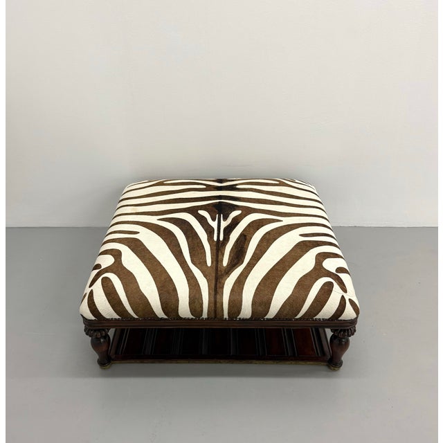 Campaign Vintage Zebra Hide Nailhead Ottoman For Sale - Image 3 of 7