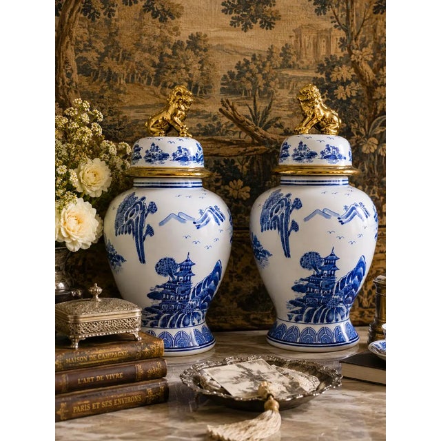 Blue and White Chinoiserie Ginger Jars With Gold Lion Finials – Porcelain Temple Vases For Sale - Image 4 of 4
